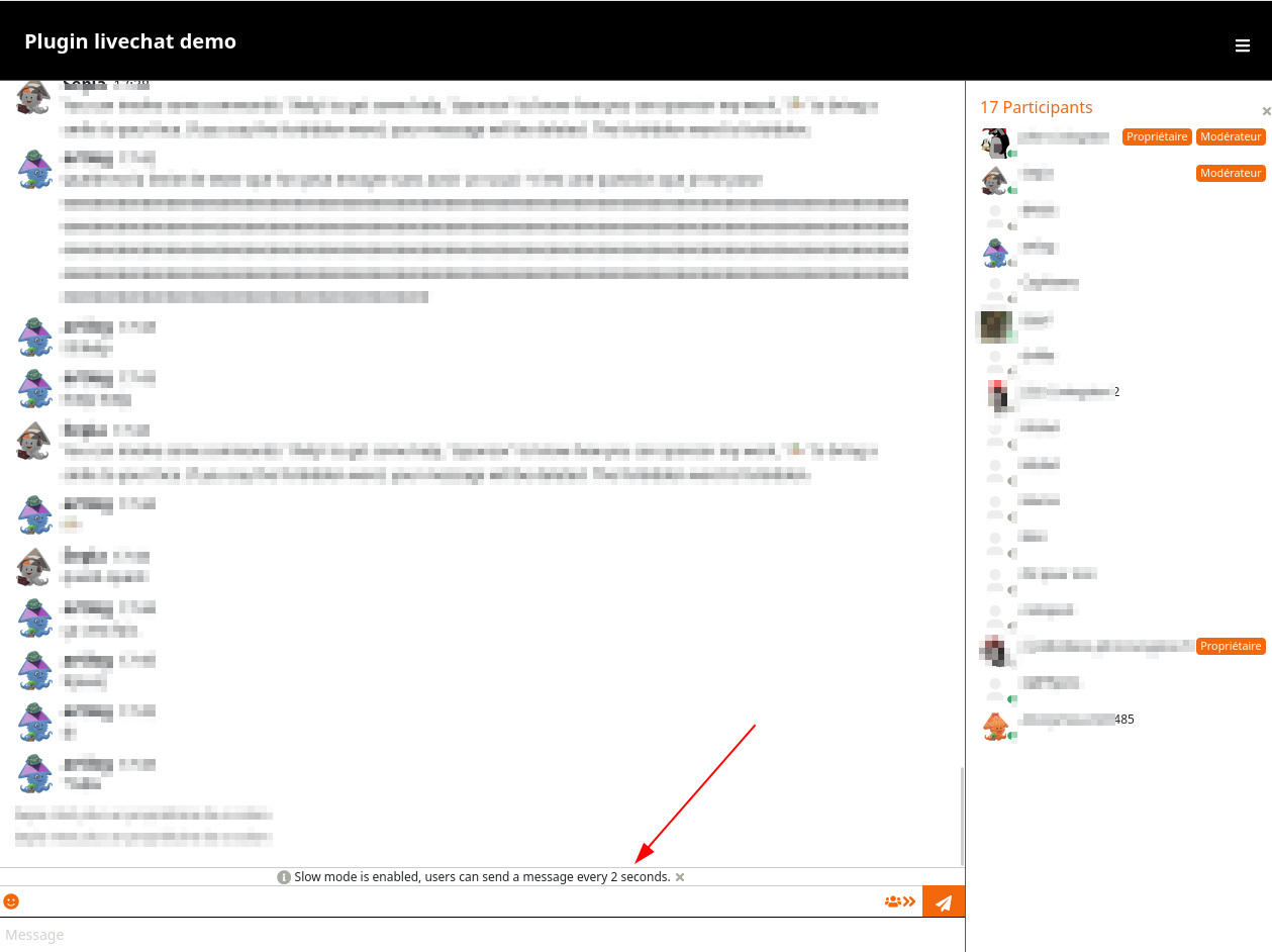 Screenshot z chatové relace. Ve spodní části chatu je proužek, který označuje, že je aktivován pomalý režim a že uživatelé mohou odesílat zprávy každé 2 sekundy.